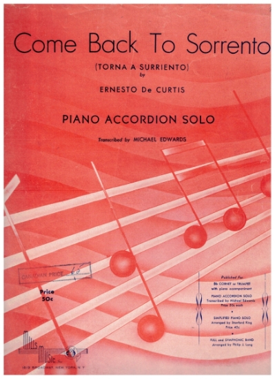Picture of Come Back to Sorrento (Torna a Surriento), Ernesto De Curtis, arr. Michael Edwards, accordion solo sheet music